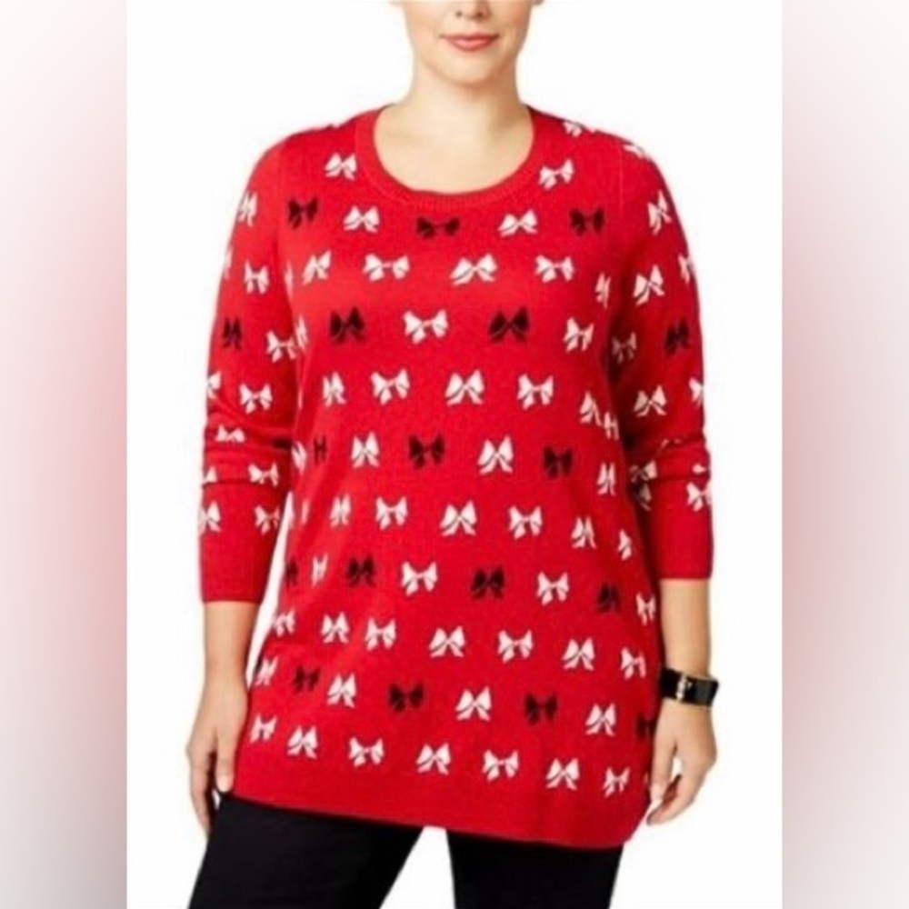 NEW w/Tags Charter Club Red Sweater w/ Black White Bow Design Women's Plus 2X
